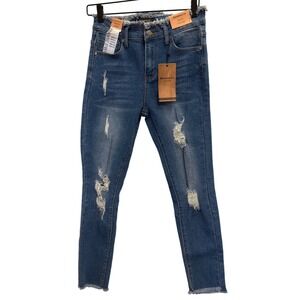 Between Us Womens High Rise Skinny Jeans Distressed Raw Hem Blue PD7073M Size 7